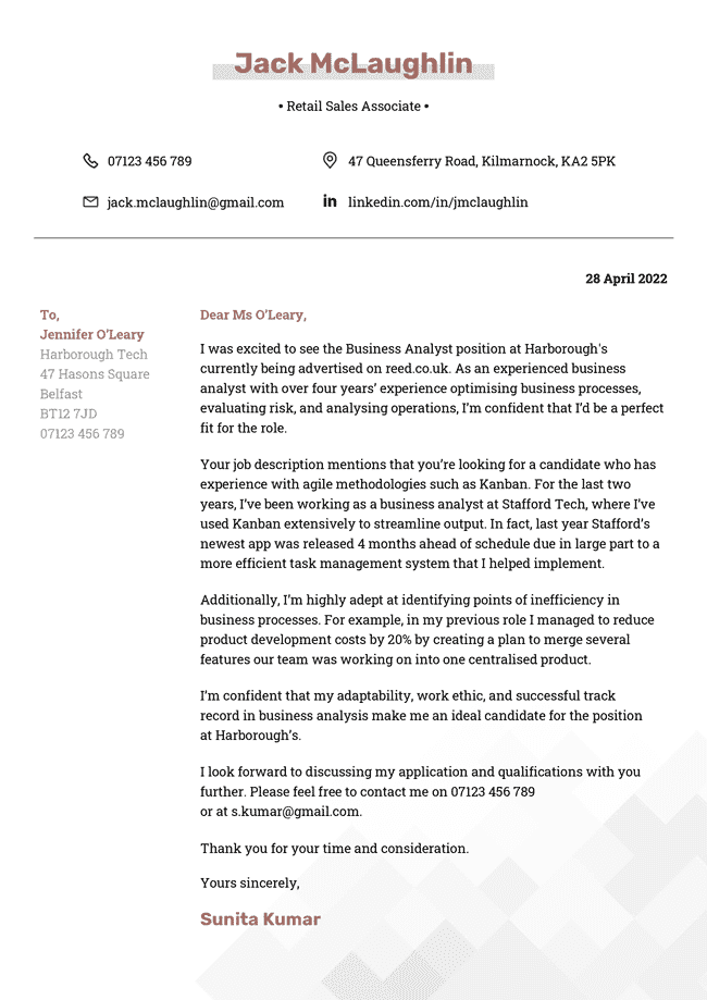 simple cover letter template with a maroon centered header and contact details, right aligned content, stylish gray background