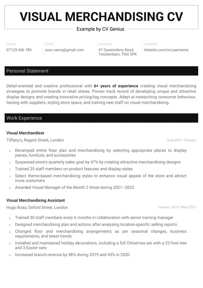 The first page of a black visual merchandising CV with the candidates contact information, personal statement, and work experience