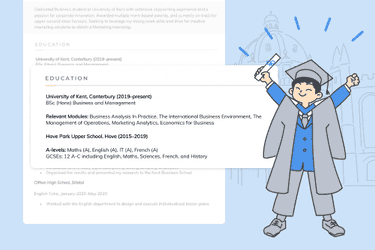 A featured image for the CV education section page, depicting a recent graduate in a robe and mortarboard grasping their degree certificate in their hand.