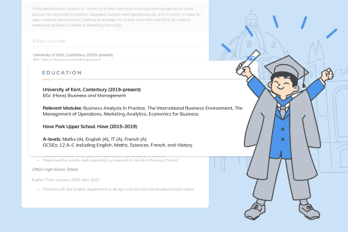 A featured image for the CV education section page, depicting a recent graduate in a robe and mortarboard grasping their degree certificate in their hand.