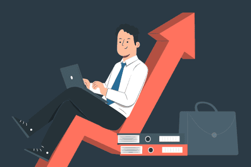 A cartoon image of a person sitting on a an upward-pointing arrow from a line graph and working on their laptop to illustrate the 'What motivates you?' interview question