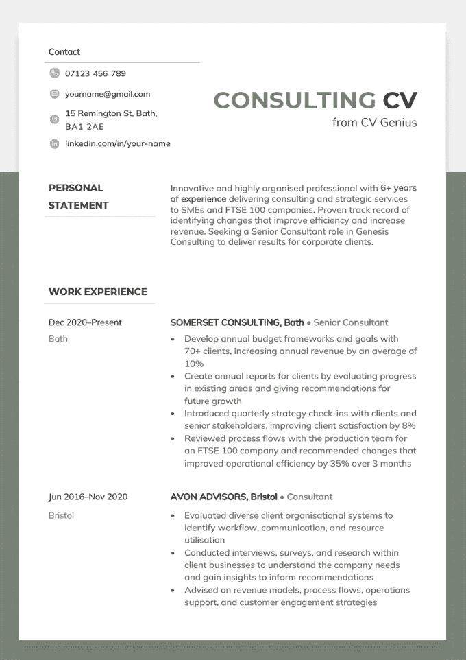 A consulting CV example with green left aligned icons beside the applicant's name, phone number, address, and linkedin contact details