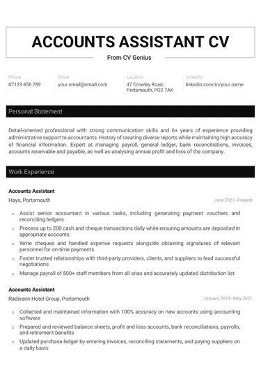 A clean, professional accounts assistant CV example with a wide horizontal header and a black and white color scheme