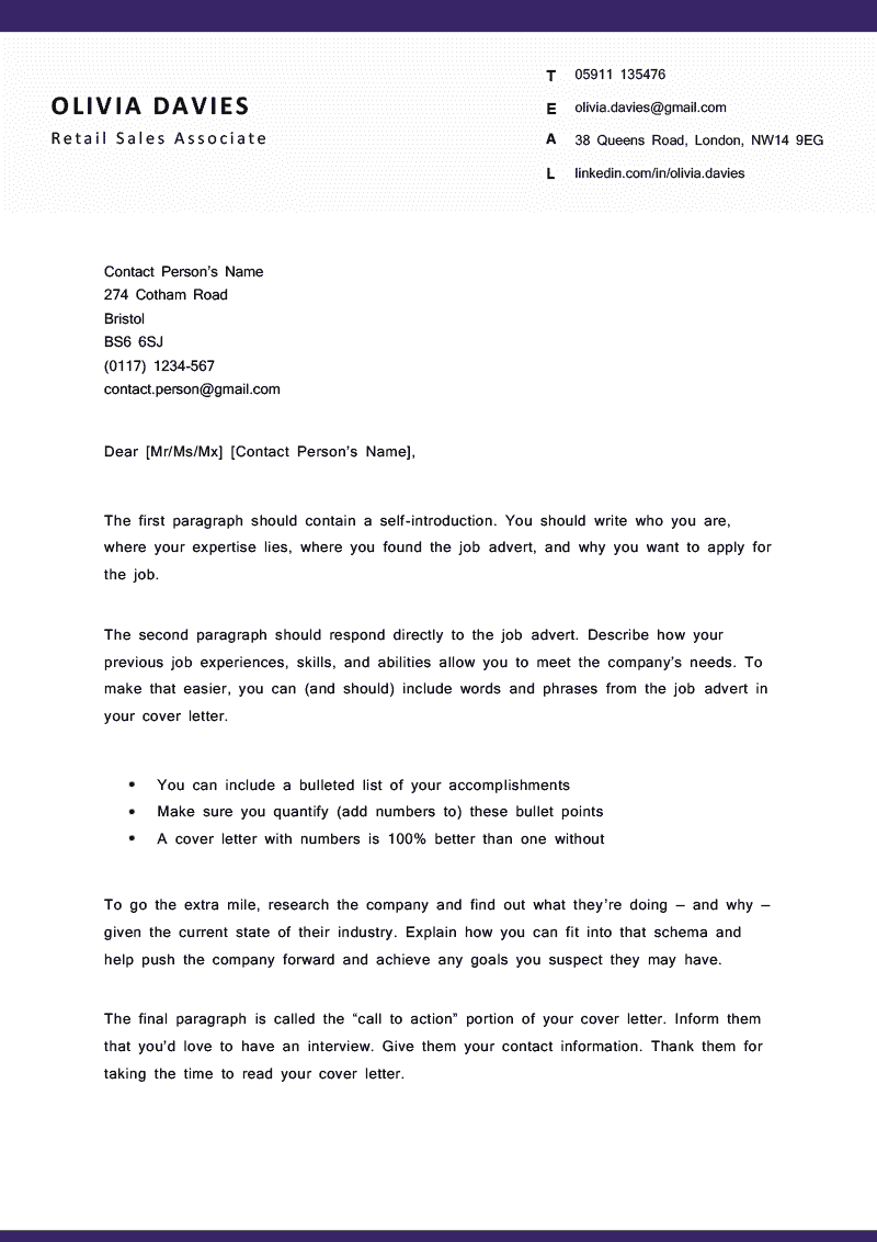Cover Letter Template for UK: Cambridge, Purple