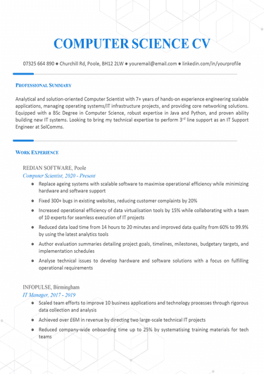 The first page of a blue-accented computer science CV with the applicant's contact information, professional summary, and work experience