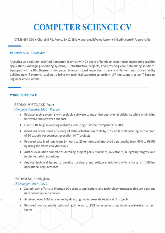 The first page of a blue-accented computer science CV with the applicant's contact information, professional summary, and work experience