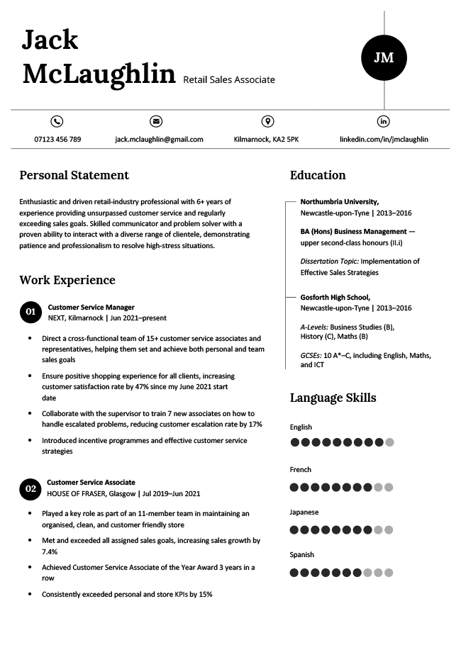 basic and simple cv template with a left-aligned black header, contact details with icons, two columns for professional information, page 1