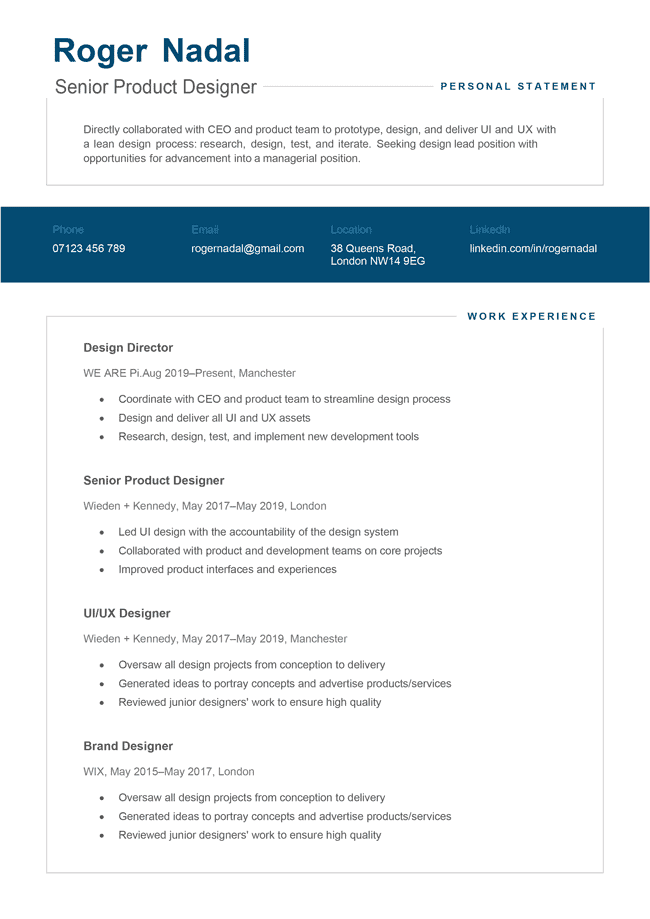 Blue version of the Mercia CV template