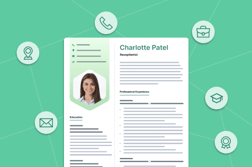 An image that shows gray CV icons floating around a photo CV template on a green background