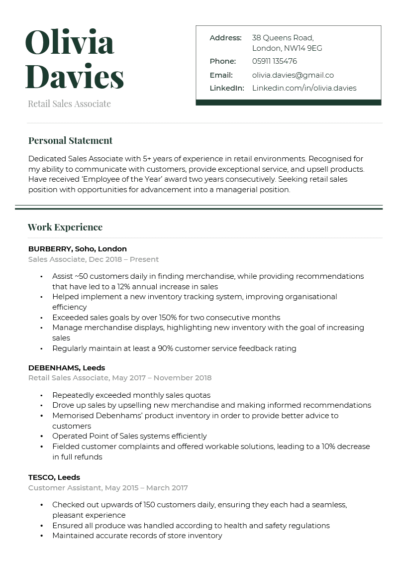 The Refined CV Template in green