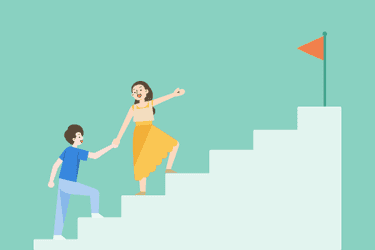 One cartoon person uses leadership skills to help another person climb up steps towards a flag.