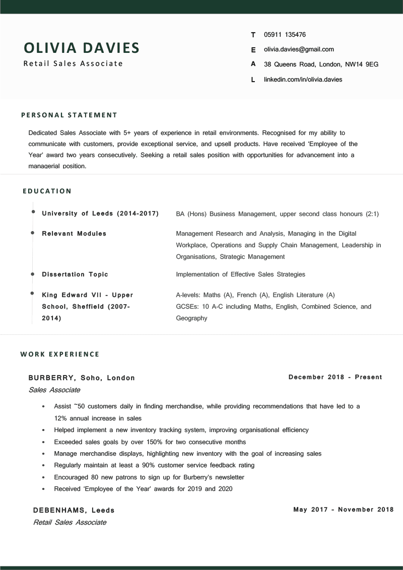 The Cambridge CV Template in green