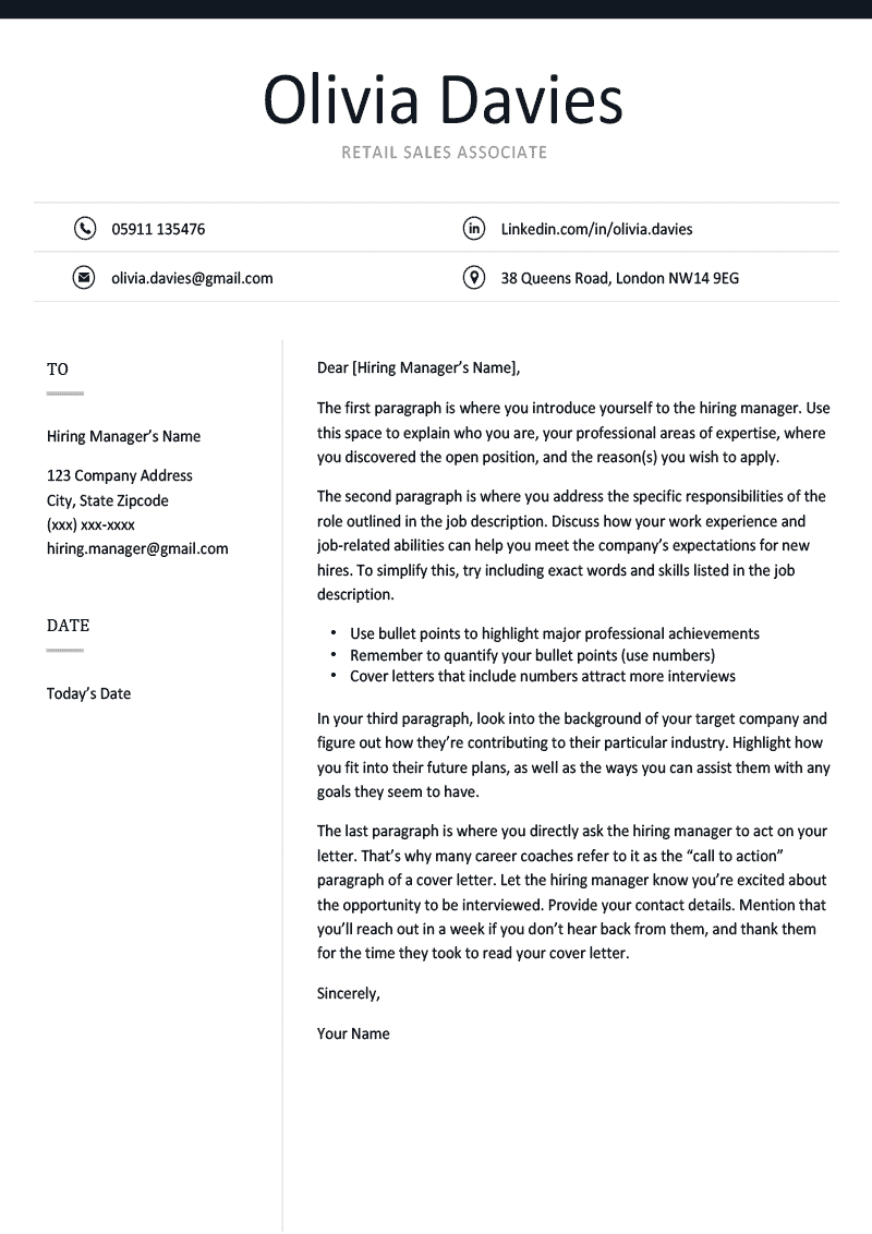 Cover Letter Template for UK: Formal, Dark Blue