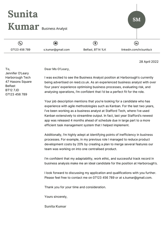 Basic cover letter with a left-aligned header and a bubble containing the candidate's initials, basic letter layout
