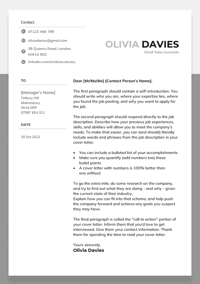 The Stirling cover letter template