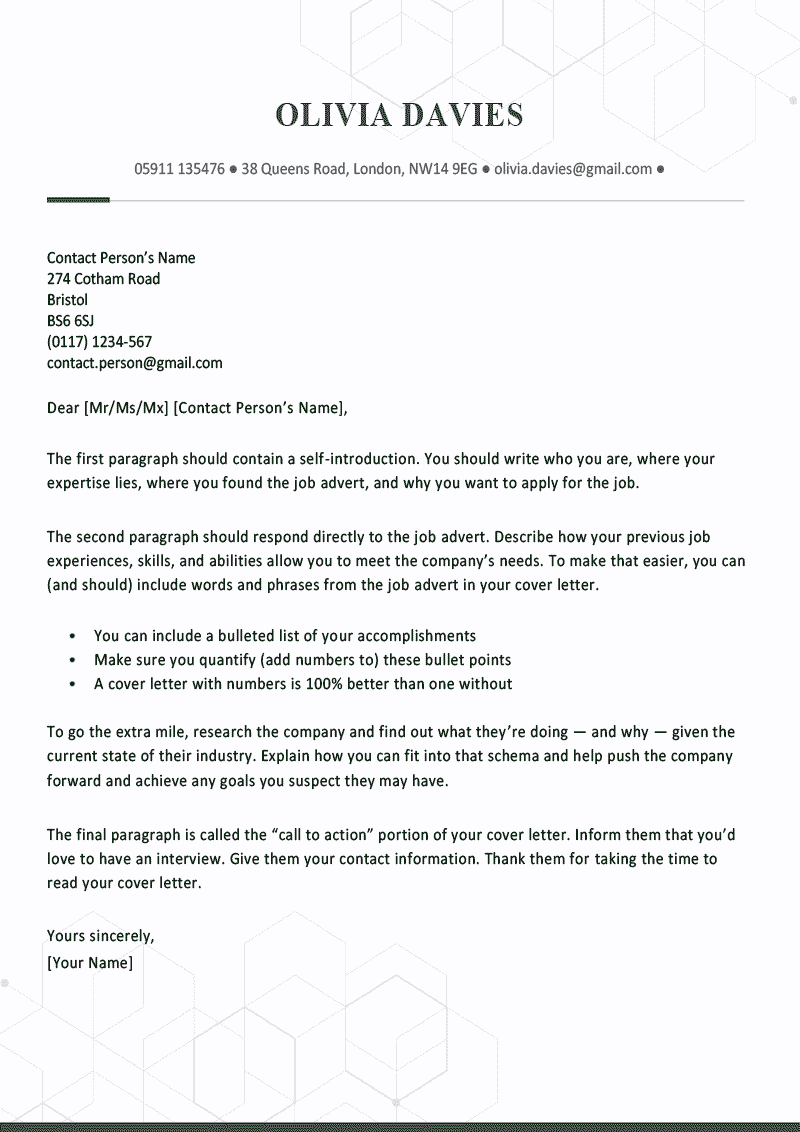 Cover Letter Template for UK: Chelsea, Green