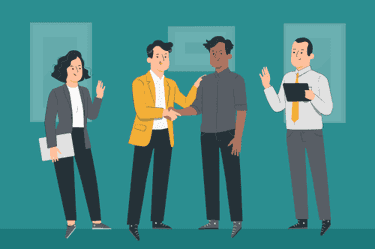 An image of four employees chatting and getting along with each other to demonstrate soft skills in the workplace.