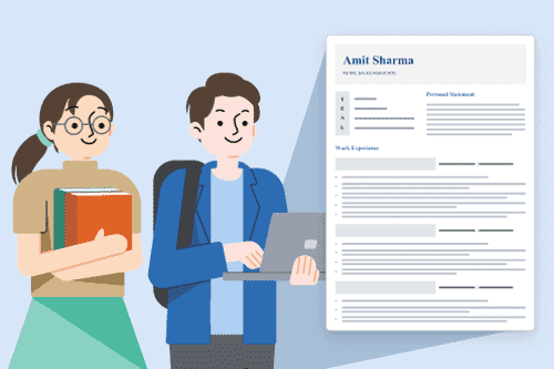 Two cartoon students looking at a resume for freshers on a laptop.