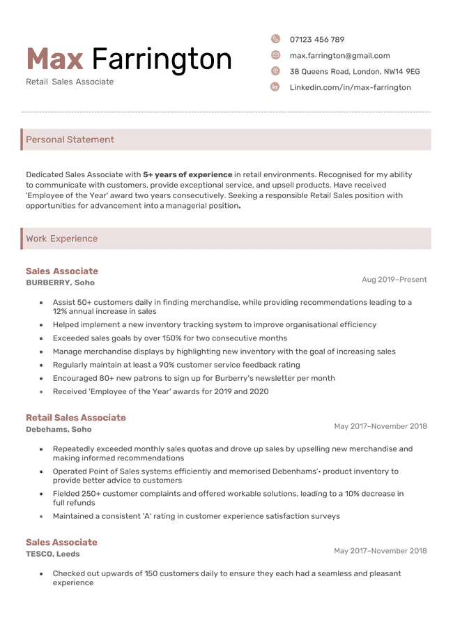 Maroon version of the Executive CV template