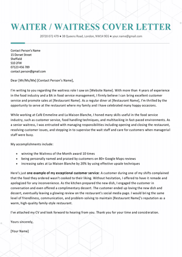 Waitress cover letter example with a turquoise theme