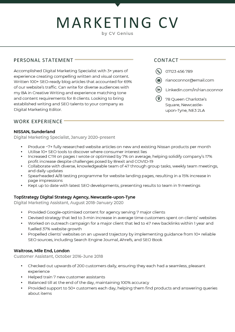 A marketing CV template