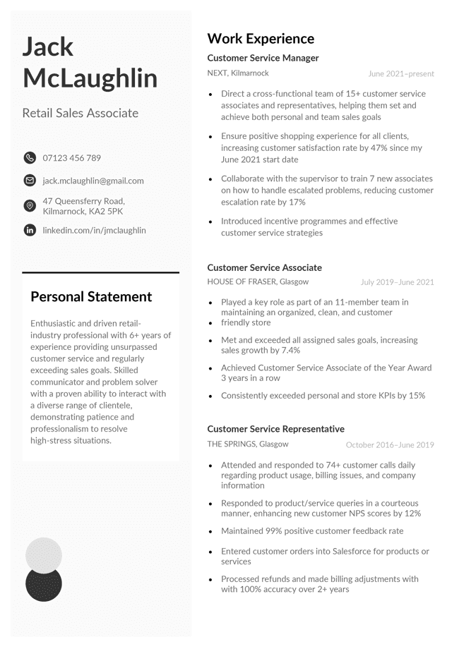 The Guernsey CV template in black and white. The applicant's name, contact information (with CV icons), and personal statement are in a column on the left, and three work experience entries fill the right column.