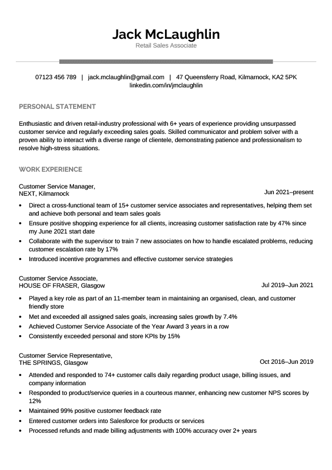basic and simple CV template with a black header and black section heads, page 1
