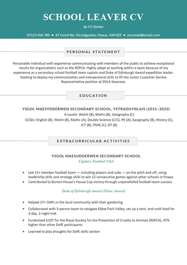 A school leaver CV example on a template with a blue header to accentuate the applicant's name and contact information