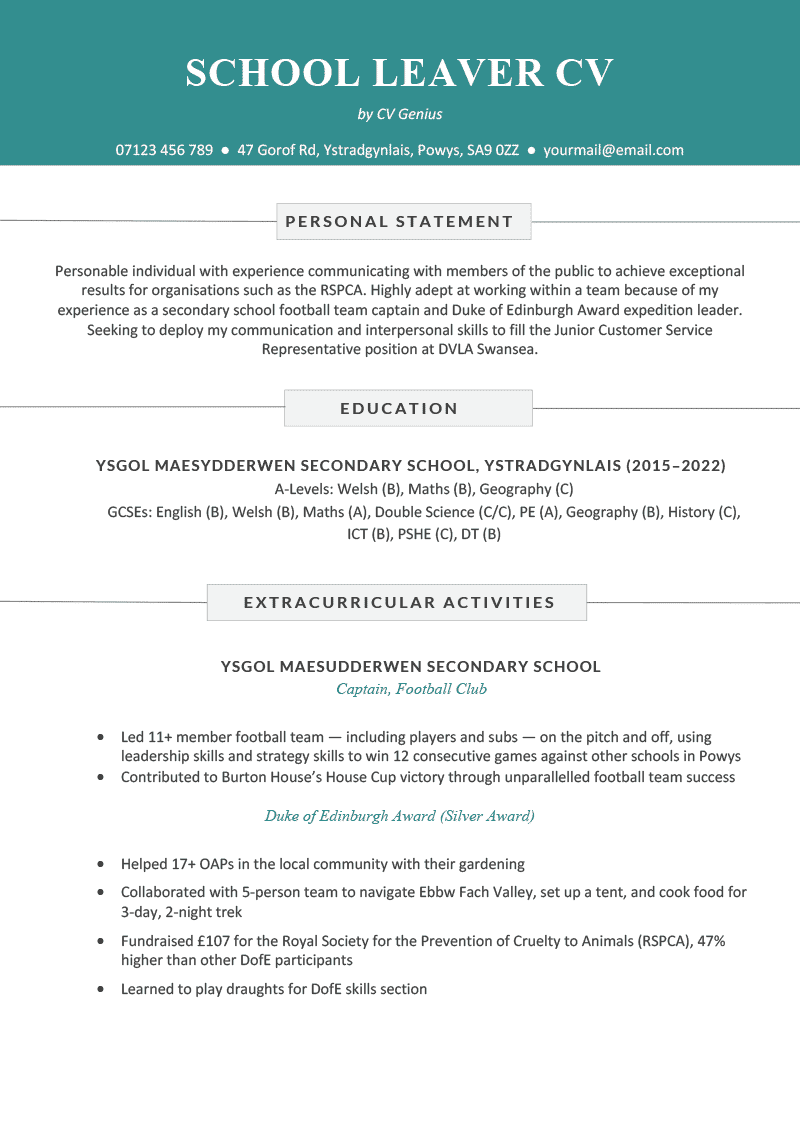 A school leaver CV example on a template with a blue header to accentuate the applicant's name and contact information