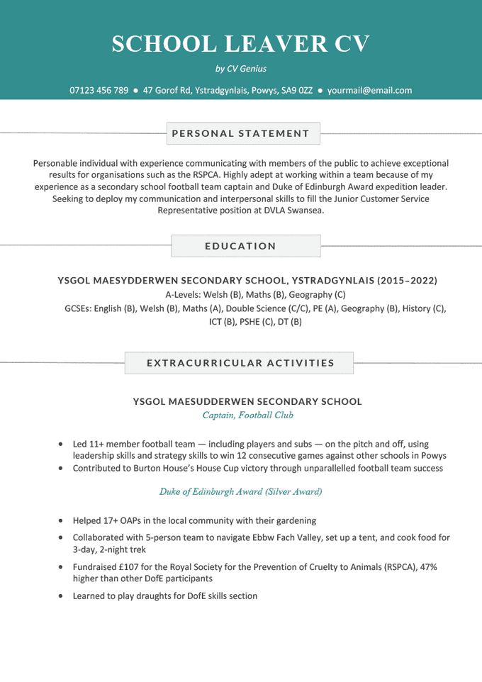 A school leaver CV example on a template with a blue header to accentuate the applicant's name and contact information