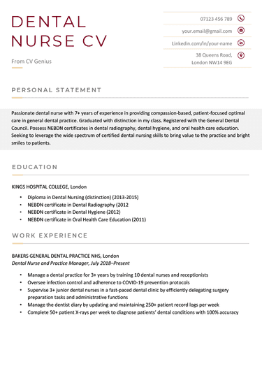 Dental nurse CV example