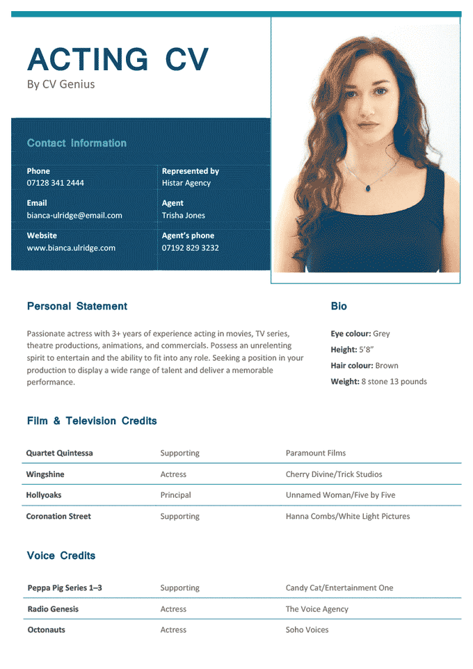 The first page of an acting CV template showcasing the applicant's professional headshot on the top-left of the page, followed by a boxed background filled in blue to highlight the applicant's contact details