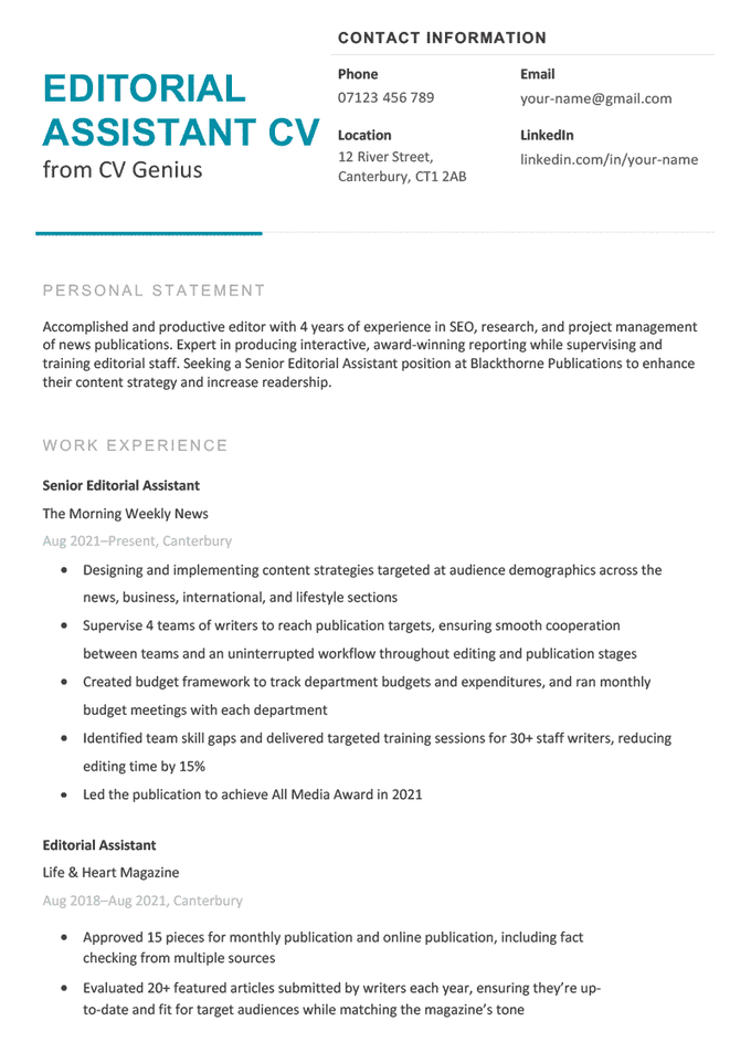 An editorial assistant CV example with a left aligned blue header to clearly display the applicant's name and a contact information on the top right of the CV
