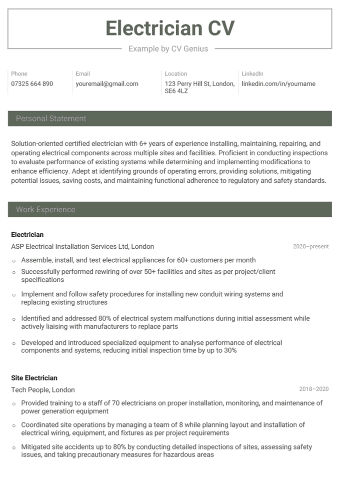 An example of an electrician CV.