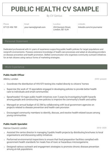 A public health CV sample on a simple, professional-looking template with a green header