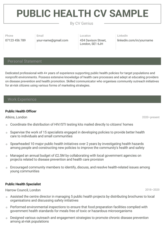 A public health CV sample on a simple, professional-looking template with a green header