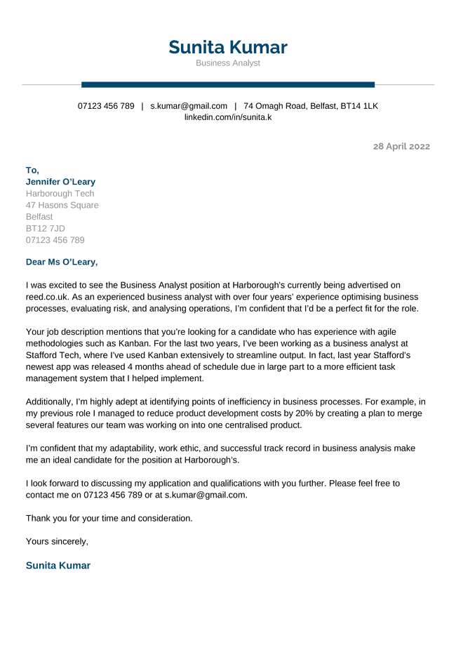 simple cover letter template with a centered blue header and a blue bar underline, names are in blue for emphasis