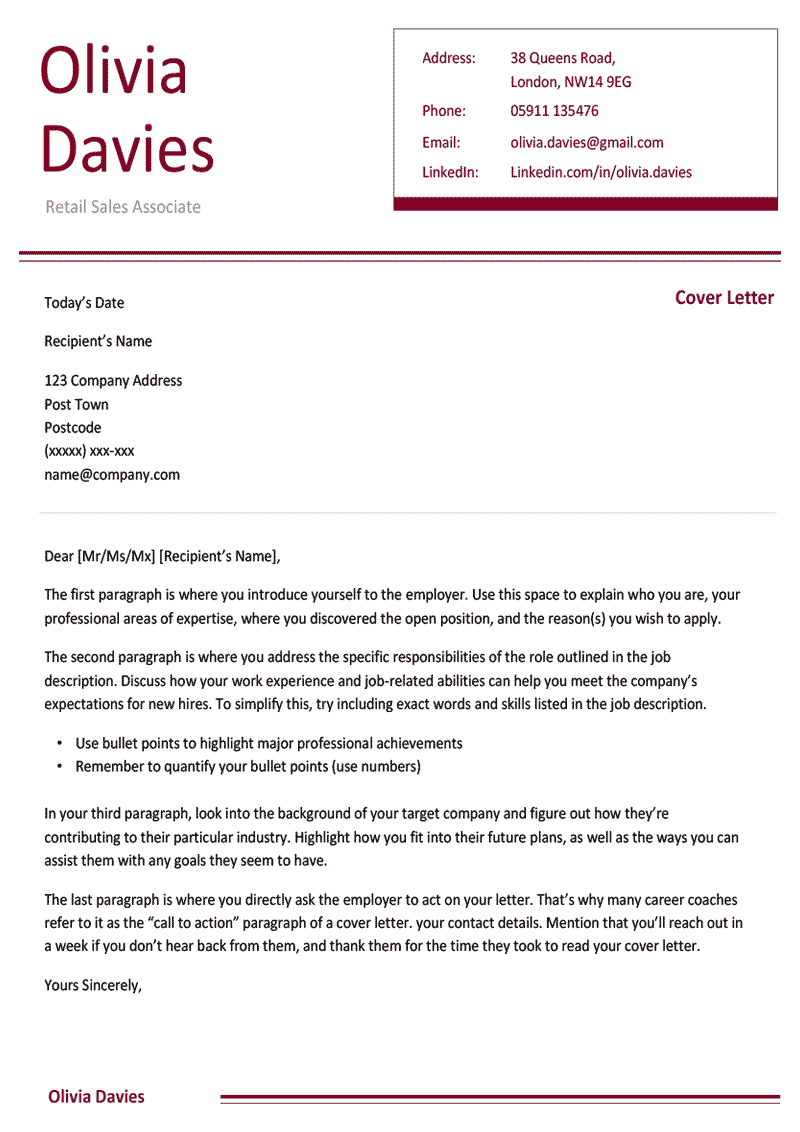 Cover Letter Template for UK: Refined, Burgundy