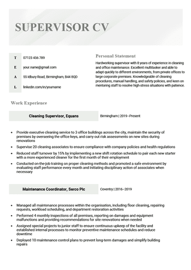 The first page of a supervisor CV example with a green header and sections for the applicant's contact information, personal statement, and work experience