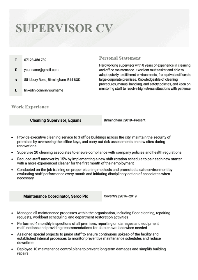 The first page of a supervisor CV example with a green header and sections for the applicant's contact information, personal statement, and work experience