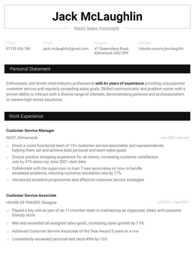 simple and basic CV template with a centered black header and a rectangular border, colourful blocked section headings, page 1