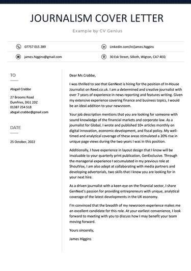 A journalism cover letter example with dark blue header, contact information of the applicant and contact person, and four paragraphs outlining the applicants qualifications, skills, and motivations for applying.