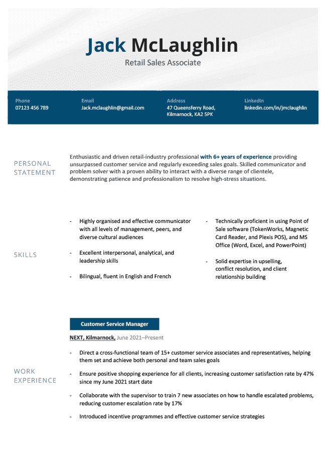 simple and basic CV template with a centered title and blue banner for contact details, plus space for skills and work experience, page 1