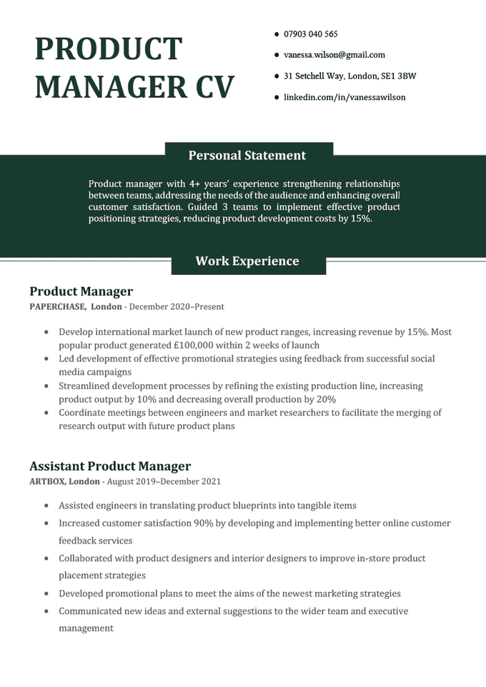 A CV example for a product manager