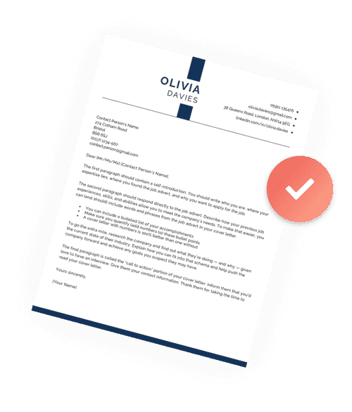 An image of a final cover letter produced by our cover letter generator with a checkmark next to it