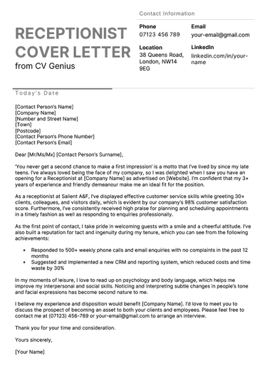 A receptionist cover letter sample