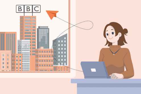 A featured image depicting a job hunter sending a job application follow-up letter to the BBC as a paper aeroplane.