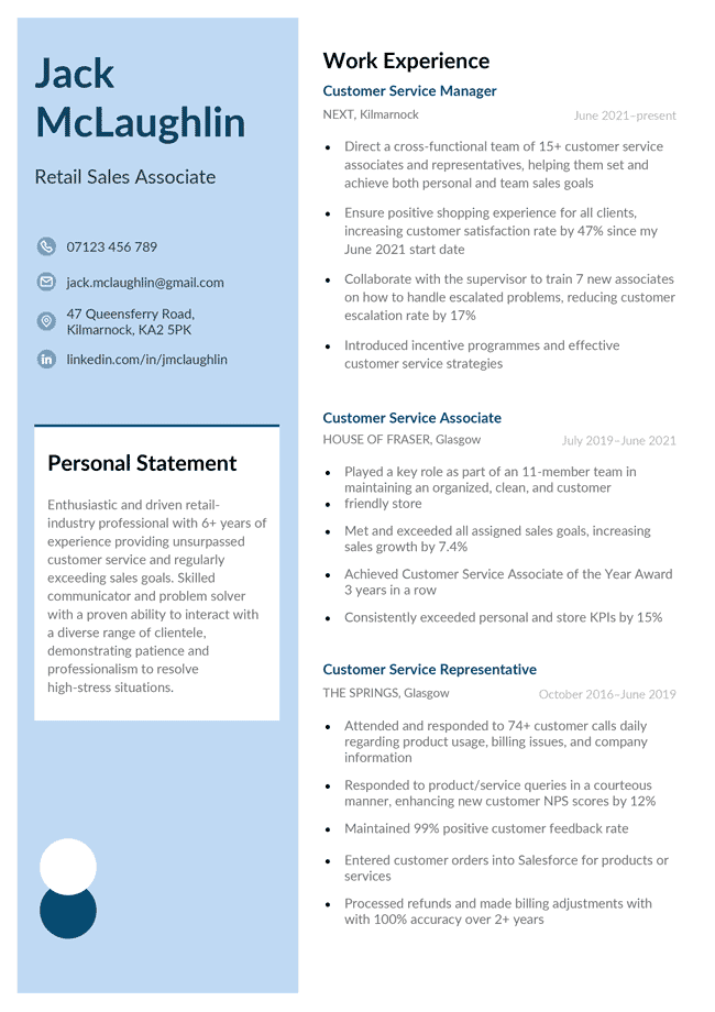 CV template with a powder blue vertical banner featuring a white box containing a personal statement