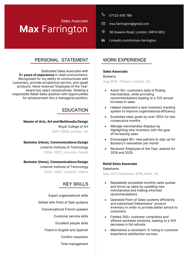 Red and black version of the Bloomsbury CV template