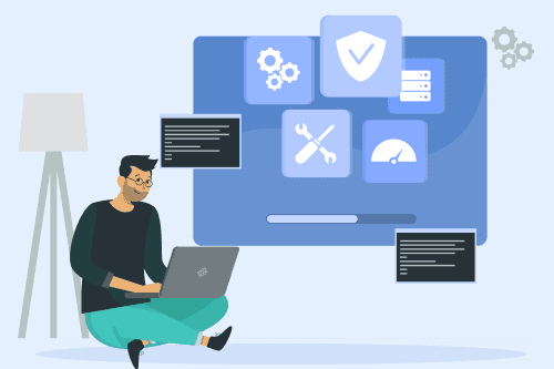 A cartoon image of a person working on a laptop with gears and tools above their head to illustrate hard skills examples for CVs and cover letters.